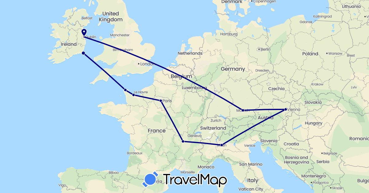 TravelMap itinerary: driving in Austria, Germany, France, Ireland, Italy (Europe)
