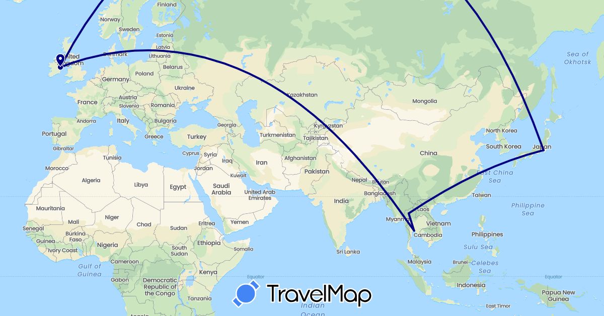 TravelMap itinerary: driving in Ireland, Japan, Thailand (Asia, Europe)